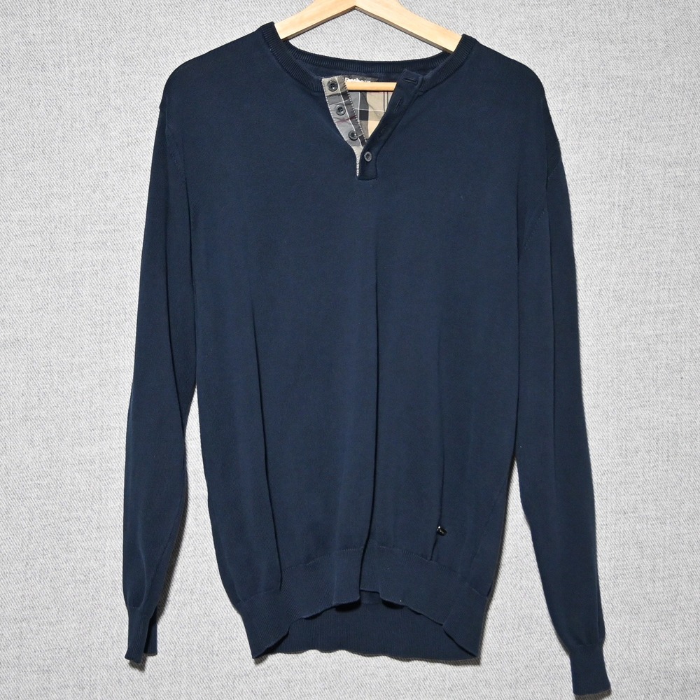 Barbour Linshields Crew Henley Sweater Mens Large Navy Blue Pima Cotton MKN0326